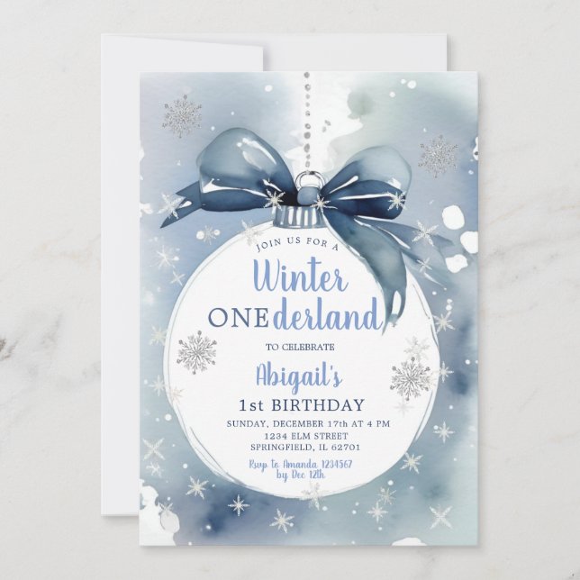 Invitation Blue Winter Onederland Noël Ornement Anniversaire (Devant)