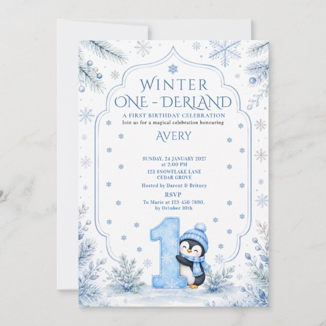 Invitation Blue Winter ONEderland Pingouin Flocon de Neige An (Devant)