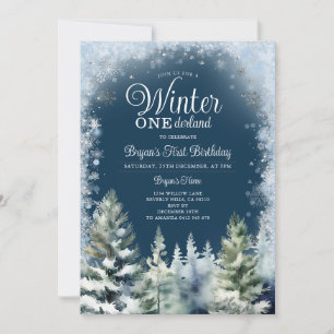 Invitation Blue Winter Onederland Silver Snowflakes Anniversa
