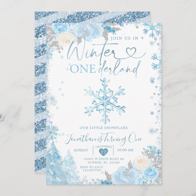 Invitation Blue Winter Onederland Snowflake 1er anniversaire  (Devant / Derrière)