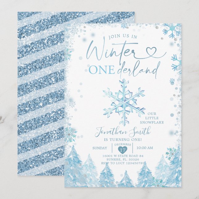 Invitation Blue Winter Onederland Snowflake 1er anniversaire (Devant / Derrière)