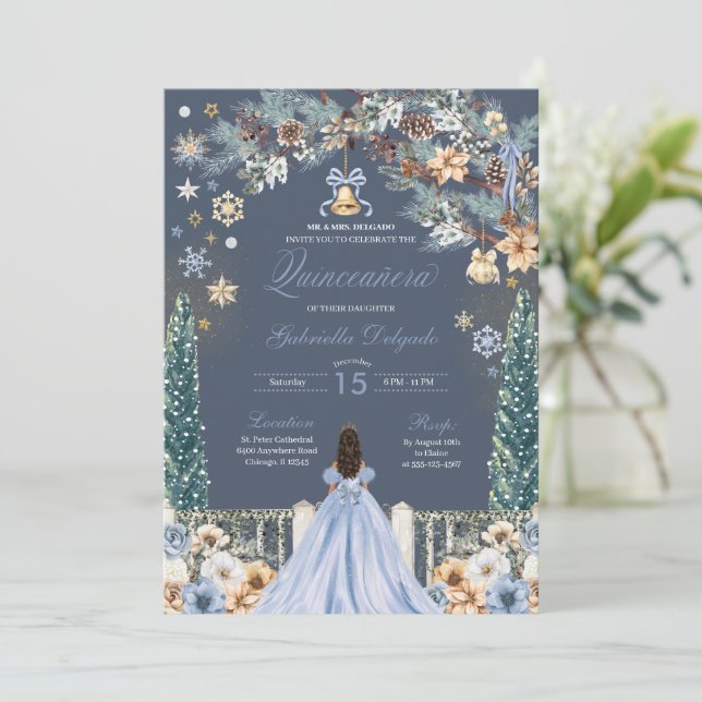 Invitation Blue Winter Wonderland Snowflake Quinceanera (Debout devant)
