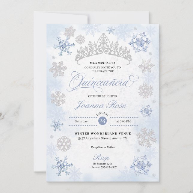 Invitation Blue Winter Wonderland Snowflake Quinceanera (Devant)