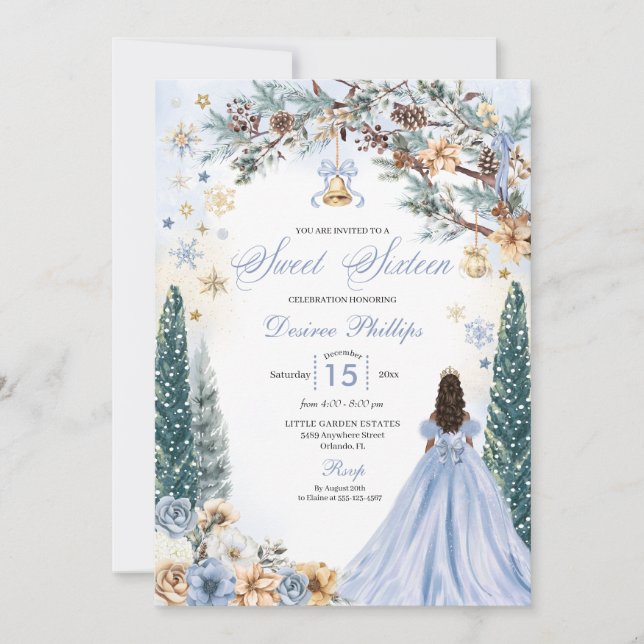 Invitation Blue Winter Wonderland Snowflake Sweet sixteen (Devant)
