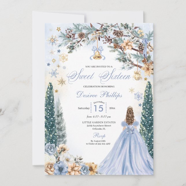 Invitation Blue Winter Wonderland Snowflake Sweet sixteen (Devant)