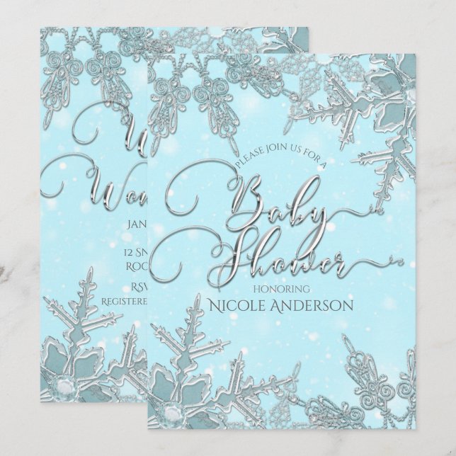 Invitation Blue Winter Wonderland Snowflakes Baby shower (Devant / Derrière)