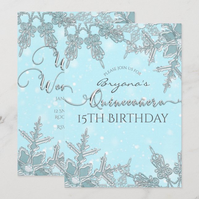 Invitation Blue Winter Wonderland Snowflakes Quiceañera (Devant / Derrière)