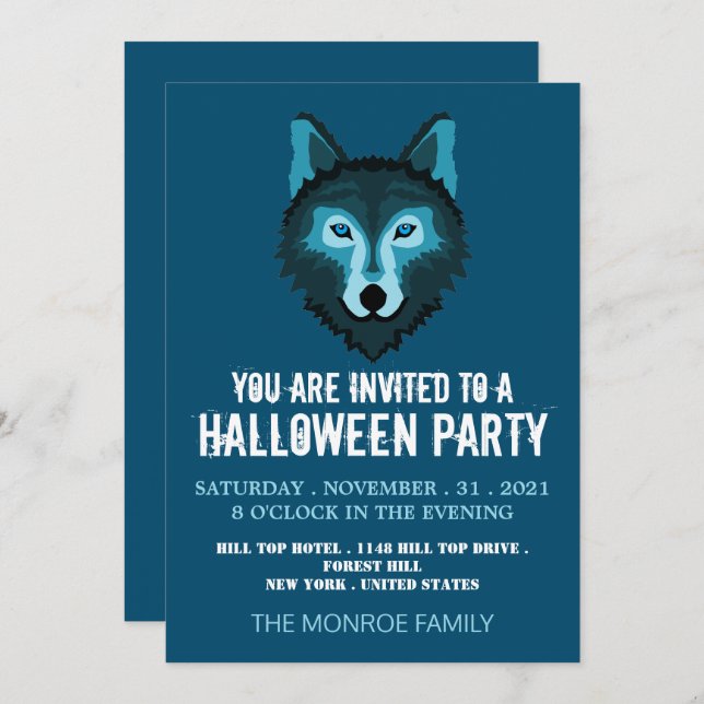 Invitation Blue Wolf, fête d'Halloween (Devant / Derrière)