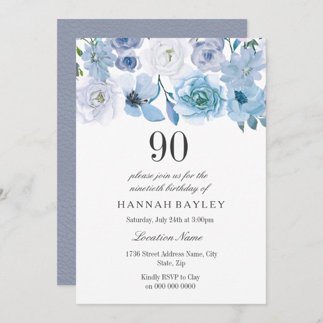 Invitation Blue Wonderland Grey Flower 90e anniversaire Invit (Devant / Derrière)
