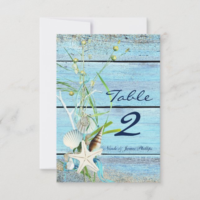 Invitation Blue Wood Beach Mariage tropical Numéro de la cart (Devant)