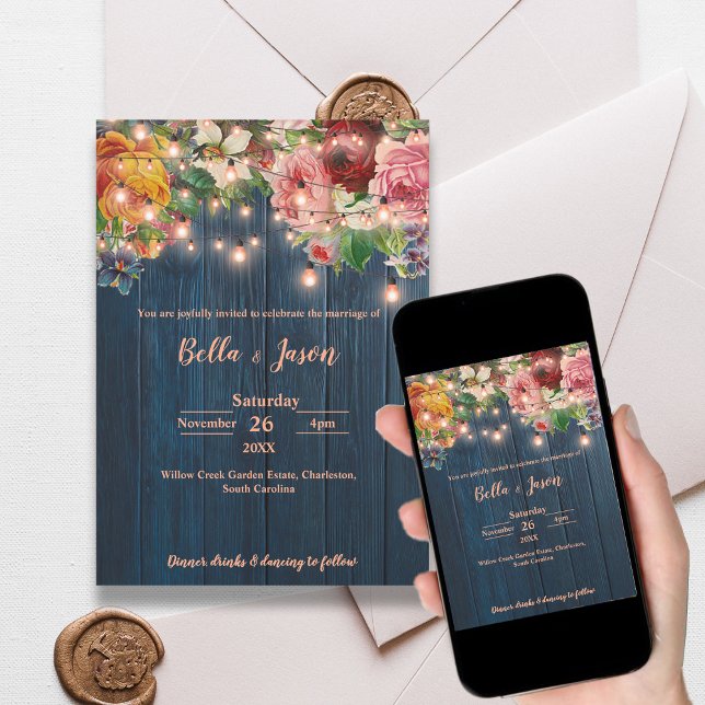 Invitation Blue Wood Floral String Lights Rustic Wedding (Blue Wood Floral String Lights Rustic Wedding Invitation)