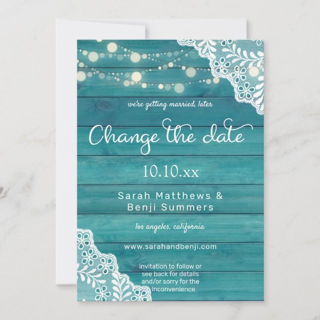 Invitation Blue Wood Lace & Guirlande Lumineuse Change la Dat (Devant)