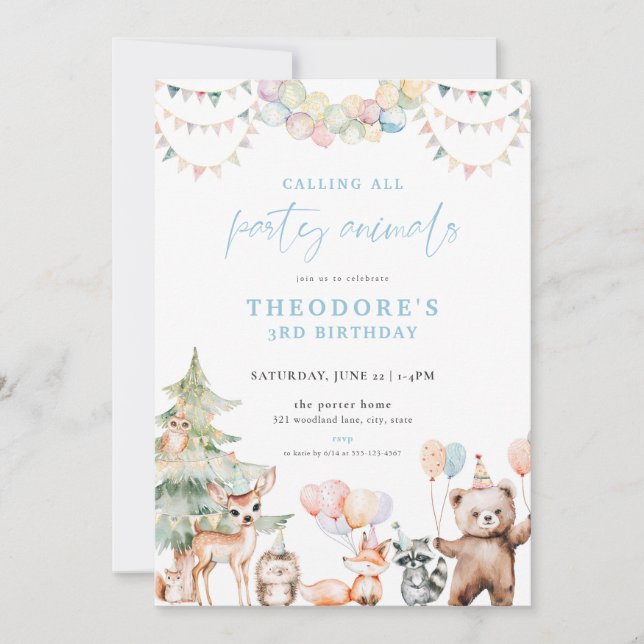 Invitation Blue Woodland Party Animaux Anniversaire Invitatio (Devant)