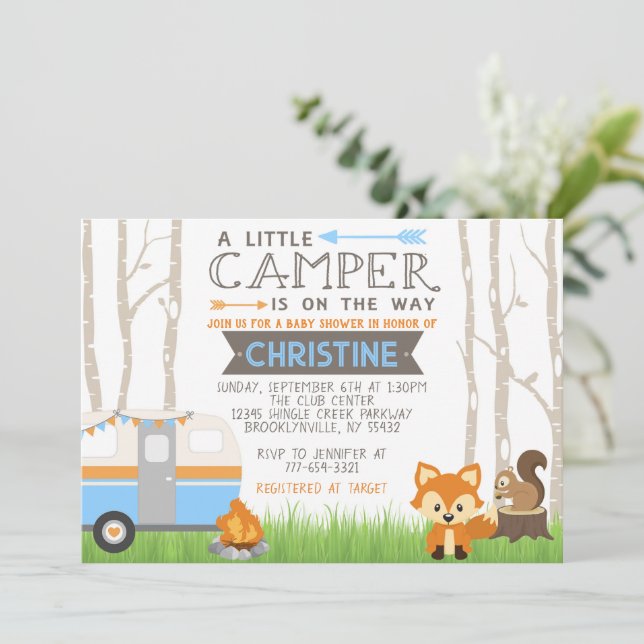 Invitation Blue Woodland RV Camper Forest Animaux Baby shower (Debout devant)