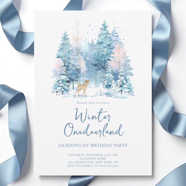 Invitation Blue Woodland Winter Onederland 1ère fête d'annive (Blue Woodland Winter Onederland 1st Birthday Party Invitation)