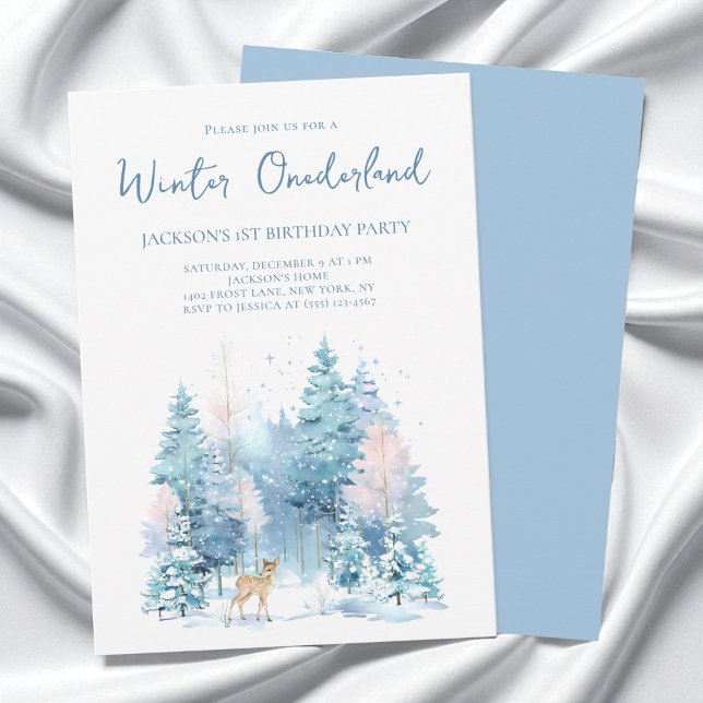 Invitation Blue Woodland Winter Wonderland 1ère fête d'annive (Blue Woodland Winter Wonderland 1st Birthday Party Invitation)