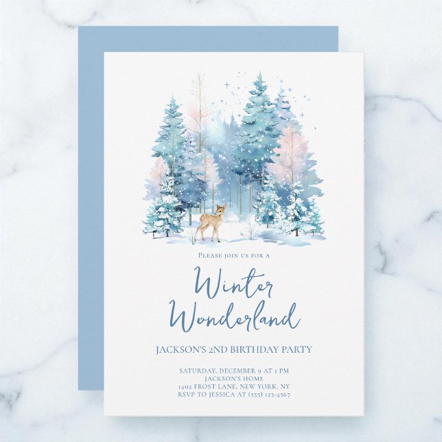 Invitation Blue Woodland Winter Wonderland 2e fête d'annivers (Blue Woodland Winter Wonderland 2nd Birthday Party Invitation)