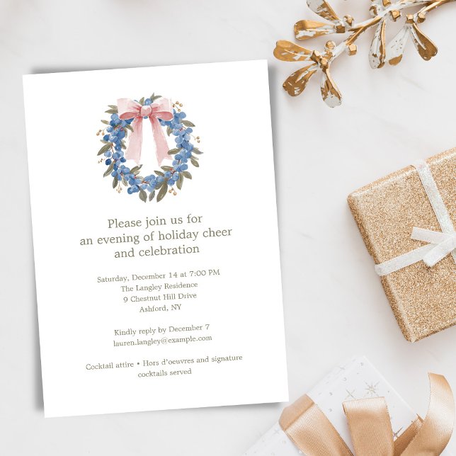 Invitation Blue Wreath Bow Elegant Christmas Holiday Party (Créateur téléchargé)