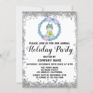 Invitation Blue Wreath Christmas Company Fête d'argent