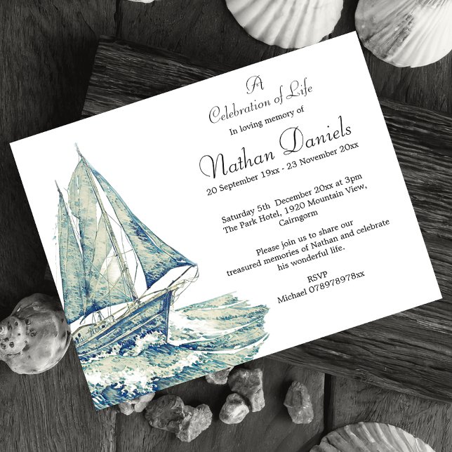Invitation Blue Yacht Celebration of Life Card (Celebrate a life lived on the ocean.)