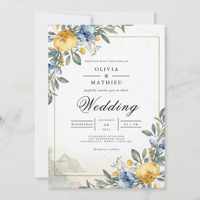 Invitation Blue Yellow Botanical Arch Wedding (Devant)