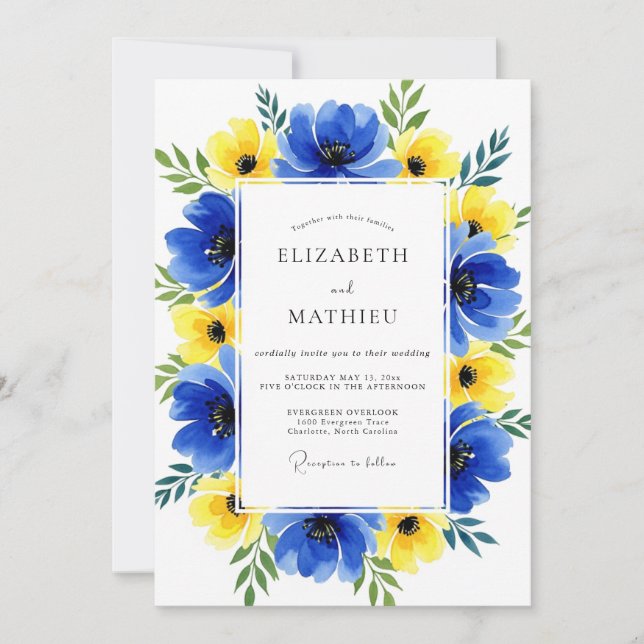 Invitation Blue Yellow Floral Whimsy Wedding (Devant)