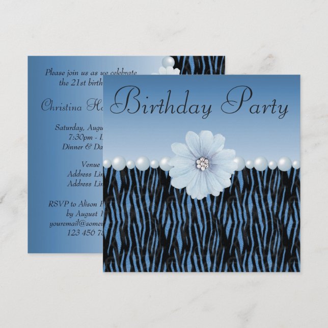 Invitation Blue Zebra Stripes, Perles et Fleur Anniversaire (Devant / Derrière)