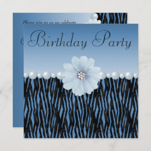 Invitation Blue Zebra Stripes, Perles et Fleur Anniversaire