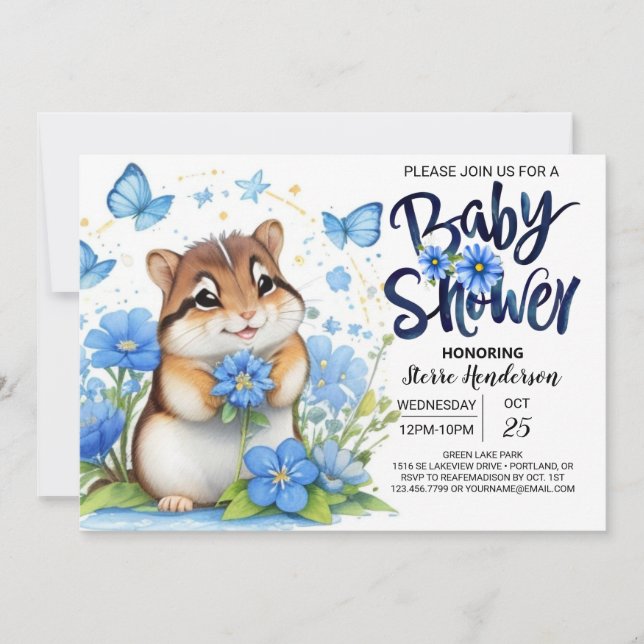 Invitation Bluebell Whimsy Chipmunk Blue Boy Baby shower (Devant)