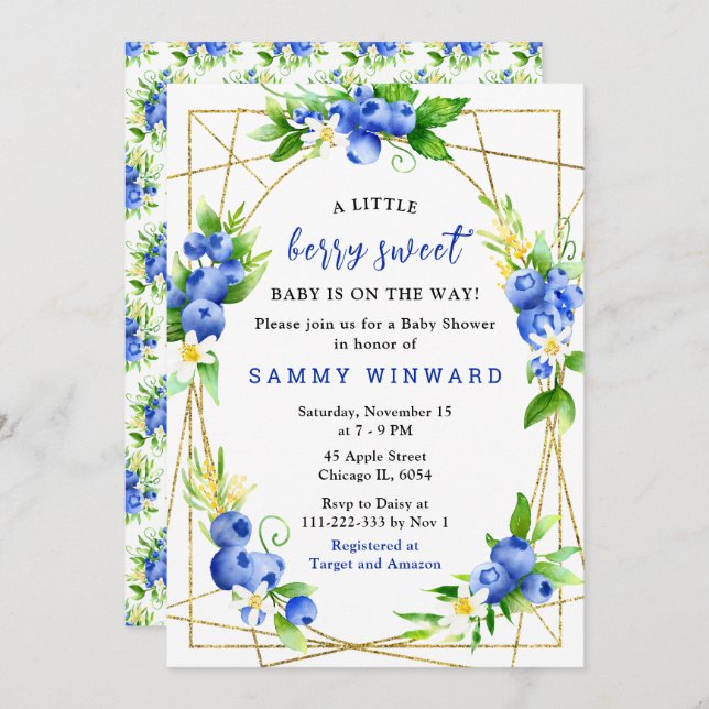 Invitation Blueberries and Foliage Baby Shower (Devant / Derrière)