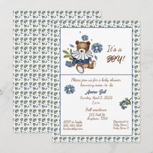 Invitation Blueberries et Teddy Bear C'est un garçon ! Douche