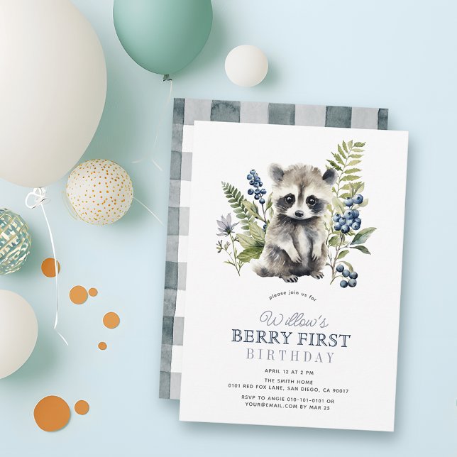Invitation Blueberries & Raccoon Boy Berry First 1st Birthday (Créateur téléchargé)