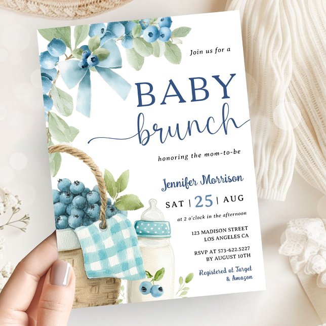 Invitation Blueberry Baby Brunch Boy Bow & Bottle Baby Shower (Créateur téléchargé)