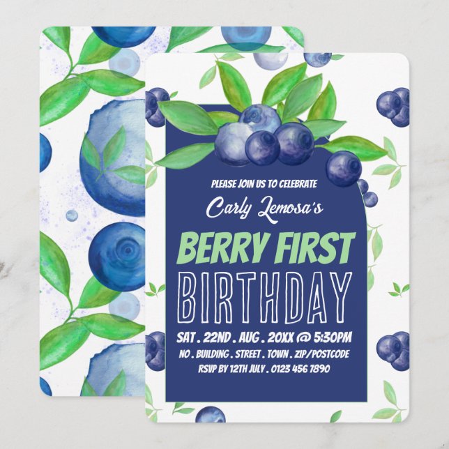 Invitation Blueberry Design, Berry premier anniversaire (Devant / Derrière)