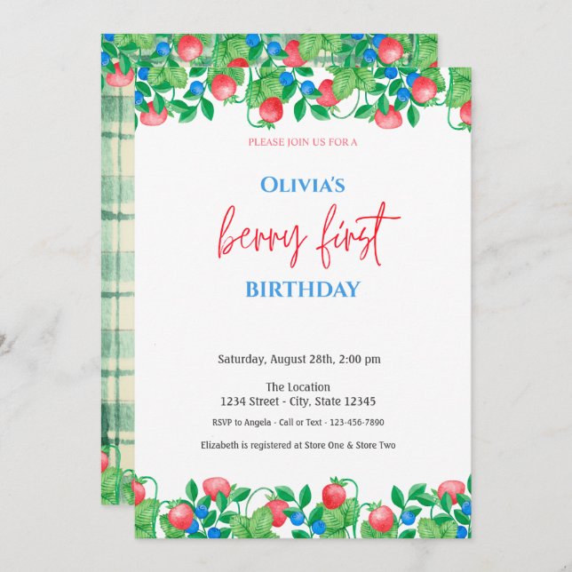 Invitation Blueberry fraise vert Plaid 1er anniversaire (Devant / Derrière)
