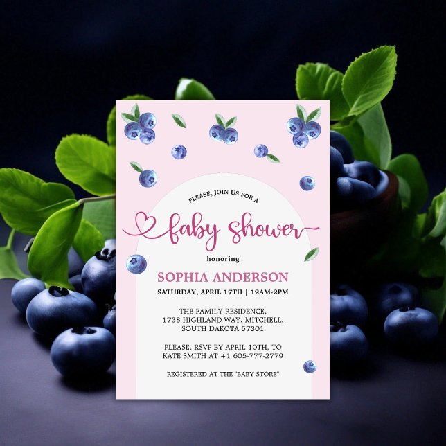 Invitation Blueberry Sweet Watercolor Baby shower fille (Blueberry Sweet Watercolor Girl Baby Shower Invitation)