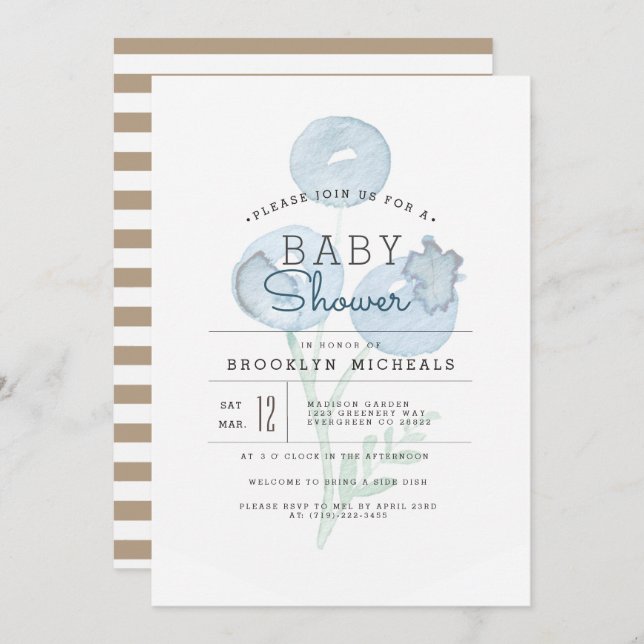 Invitation Blueberry Trio | Baby shower d'aquarelle Berry (Devant / Derrière)