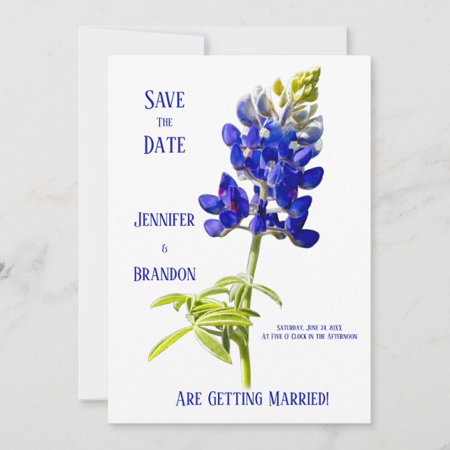 Invitation Bluebonnet Floral sur blanc, mariage Enregistrer l (Devant)