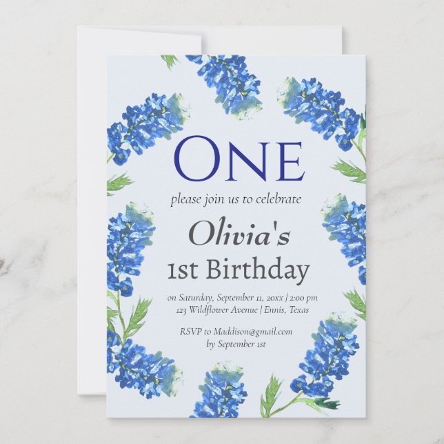 Invitation Bluebonnets 1er anniversaire bleu floral (Devant)
