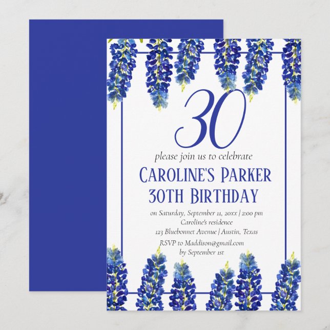 Invitation Bluebonnets 30e anniversaire Blue Floral Texas (Devant / Derrière)