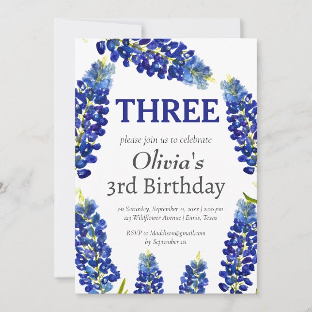 Invitation Bluebonnets 3e anniversaire bleu floral (Devant)