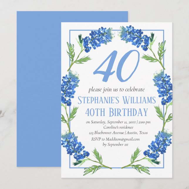 Invitation Bluebonnets 40e anniversaire Blue Floral Texas (Devant / Derrière)
