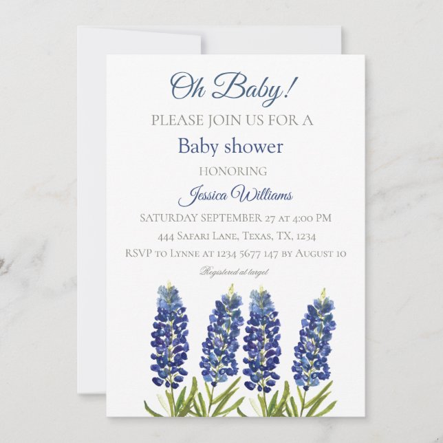 Invitation Bluebonnets Blue Floral Watercolor Texas Baby boy (Devant)