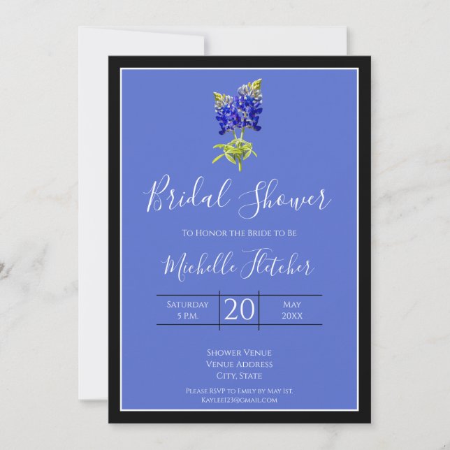 Invitation Bluebonnets du Texas sur le bleu, mariage du print (Devant)
