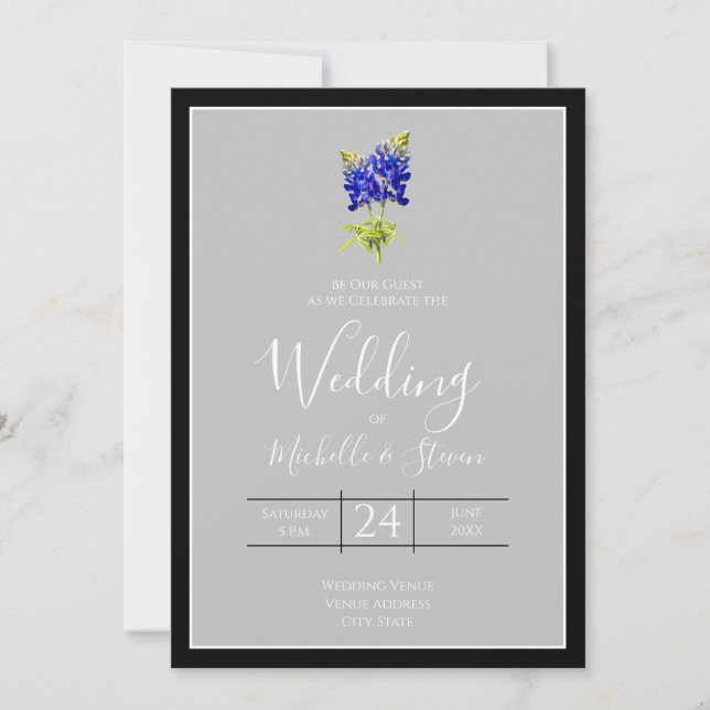 Invitation Bluebonnets du Texas sur le gris clair, mariage du (Devant)