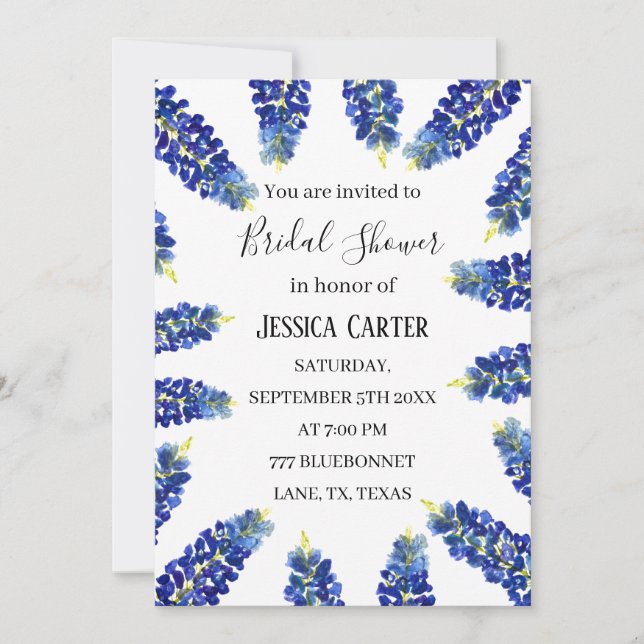 Invitation Bluebonnets Floral Aquarelle Boho Fête des mariées (Devant)