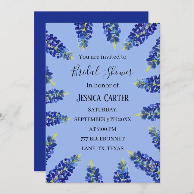 Invitation Bluebonnets Floral Aquarelle Boho Fête des mariées (Devant / Derrière)