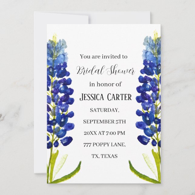Invitation Bluebonnets Floral Aquarelle Boho Fête des mariées (Devant)