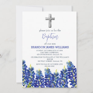 Invitation Bluebonnets Floral Dusty Croix bleue Baptême