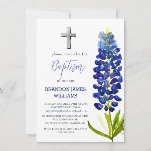Invitation Bluebonnets Floral Dusty Croix bleue Baptême